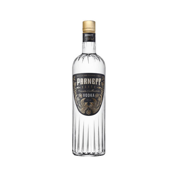 Clear glass bottle of Parneff Elite Private Collection Vodka with gold and black label