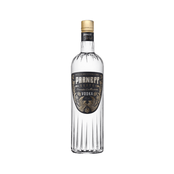Clear glass bottle of Parneff Elite Private Collection Vodka with gold and black label