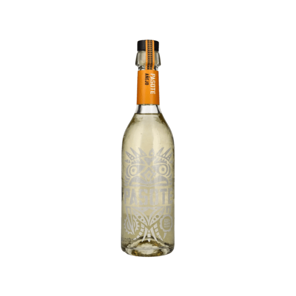 Pasote Añejo tequila bottle with clear glass and orange label on neck
