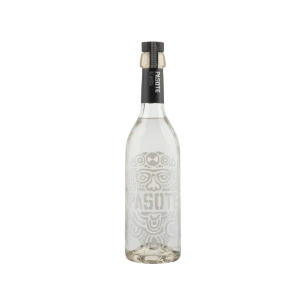 Clear premium spirit bottle with decorative tribal design and black cap, labeled Pasote.