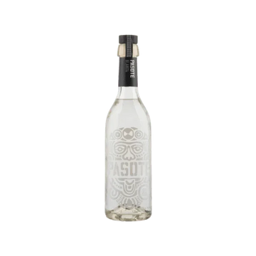 Clear premium spirit bottle with decorative tribal design and black cap, labeled Pasote.