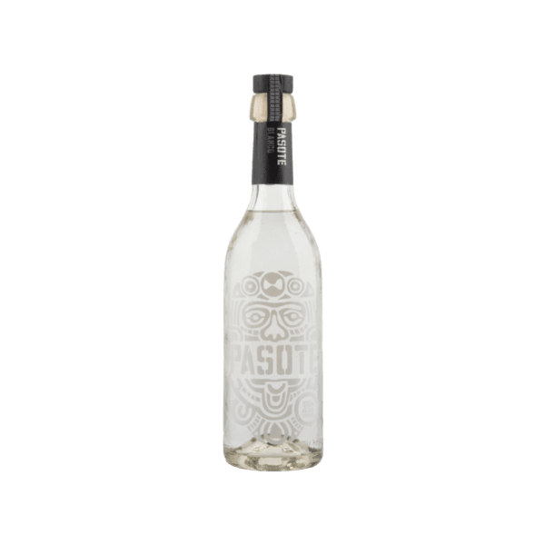 Clear Pasote Blanco tequila bottle with black cap and white Aztec design on label