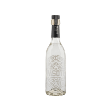 Clear Pasote Blanco tequila bottle with black cap and white Aztec design on label