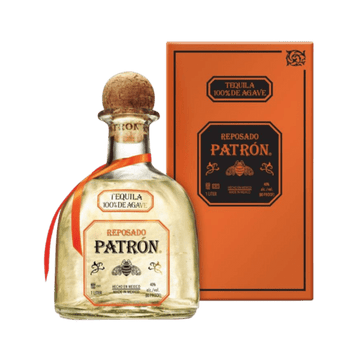 Bottle and box of Patrón Reposado tequila, 100% de agave, 1 liter, 40% alc/vol