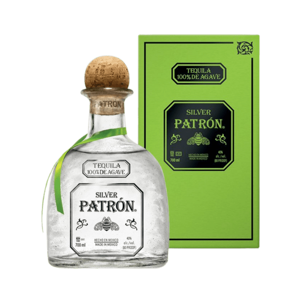 Bottle of Silver Patrón tequila 100% de agave with green label and matching green box