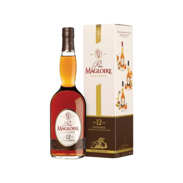 Pere Magloire 12-year-old Calvados bottle and matching box with amber apple brandy