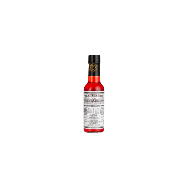 Small bottle of Peychaud's aromatic cocktail bitters with red liquid and black cap