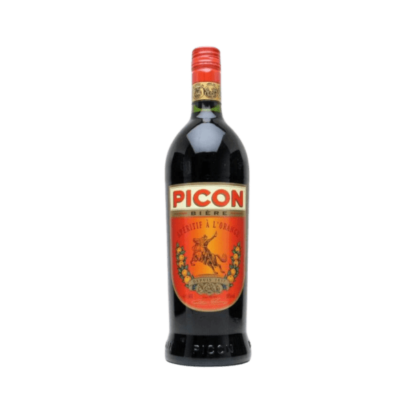 Picon Bière bottle, orange-flavored aperitif with red and gold label, isolated on white