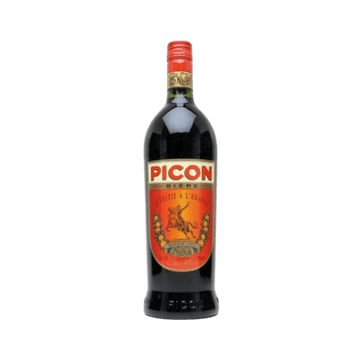 Picon Bière bottle, orange-flavored aperitif with red and gold label, isolated on white