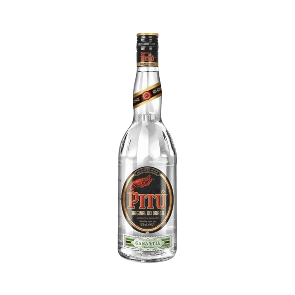Pitu Original do Brasil cachaça bottle, clear Brazilian spirit, isolated on white background