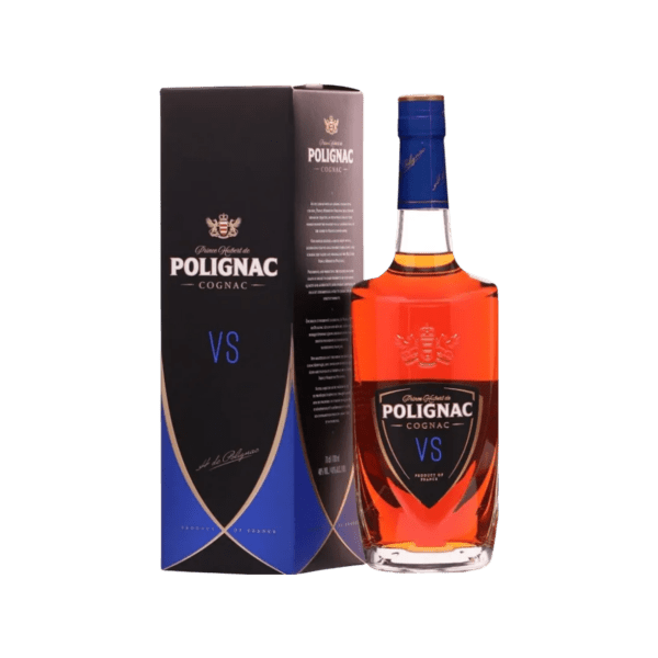 Polignac VS Cognac bottle and blue-black branded packaging box with gold accents