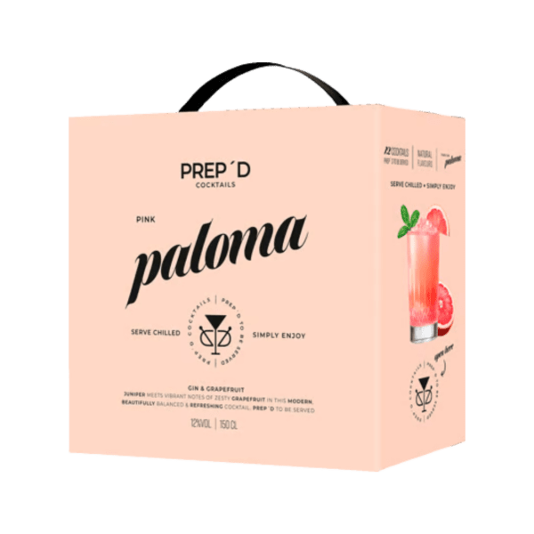 Prep'd Cocktails Pink Paloma box with gin and grapefruit flavor, serving instructions, and cocktail glass image