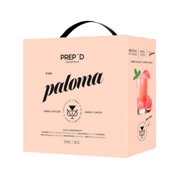 Prep'd Cocktails Pink Paloma box with gin and grapefruit flavor, serving instructions, and cocktail glass image