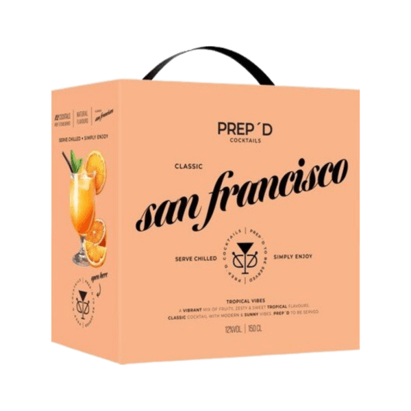 PREP'D Classic San Francisco cocktail box with tropical orange drink on peach background