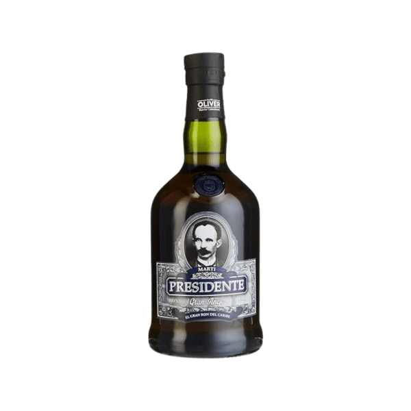 Presidente aged rum bottle with decorative label and dark glass, isolated on white