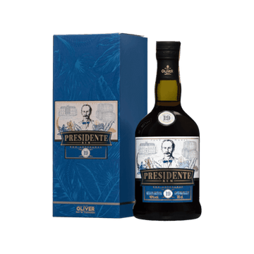 Presidente 19-year aged rum bottle with blue gift box, premium spirits product