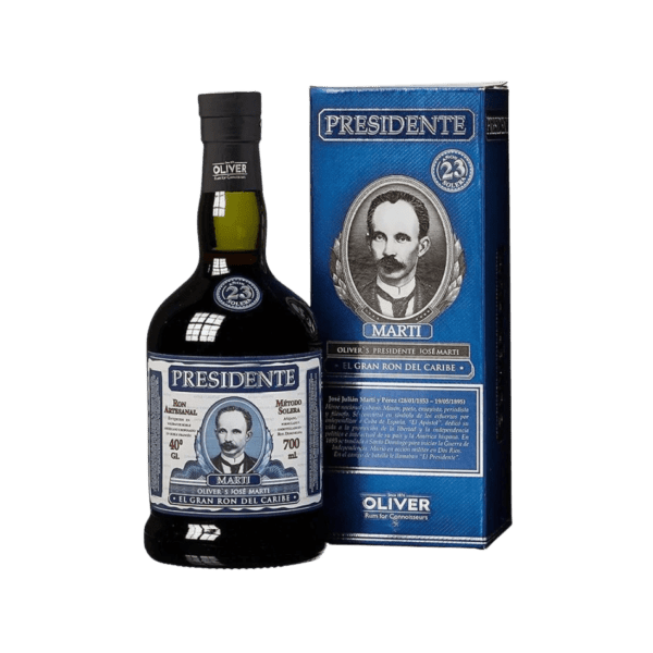 Presidente Martí rum bottle and blue gift box with portrait label, premium spirits