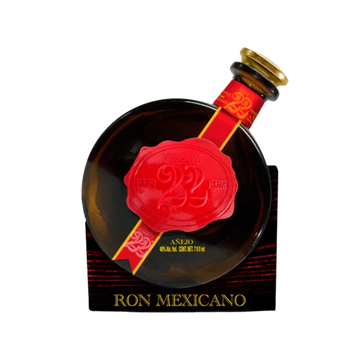Mexican rum bottle with red wax seal, unique round design, labeled 'Ron Mexicano'.