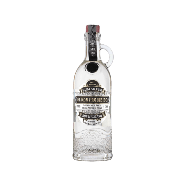 El Ron Prohibido Silver Mexican rum in clear glass bottle with embossed detailing