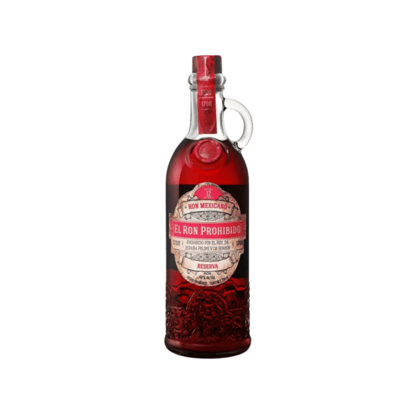 El Ron Prohibido premium rum in an embossed glass bottle with red label on white background