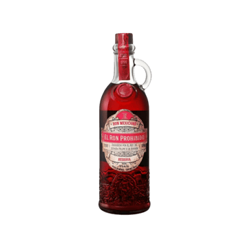 El Ron Prohibido premium rum in an embossed glass bottle with red label on white background