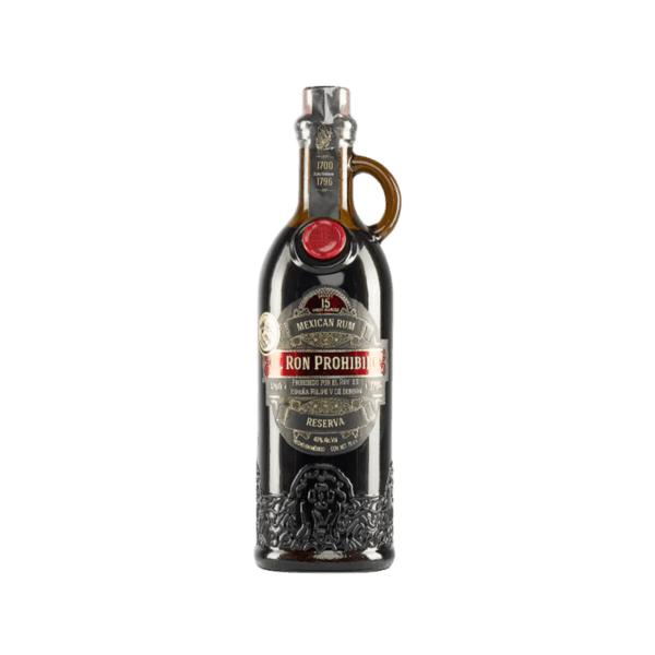Ron Prohibido Reserva Mexican rum bottle with embossed detailing on a white background