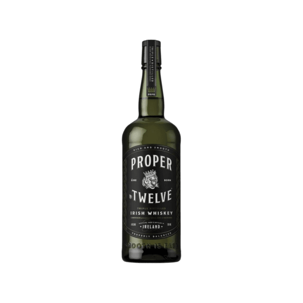 Proper Twelve Irish whiskey bottle with black label on white background