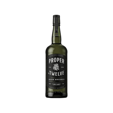 Proper Twelve Irish whiskey bottle with black label on white background