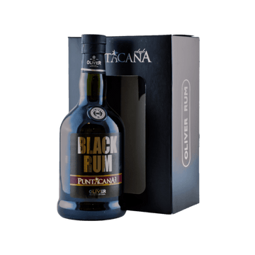 Bottle of Puntacana Club Black Rum with branded gift box, premium dark rum
