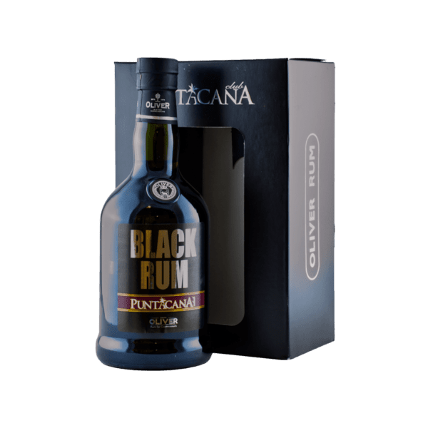 Black Rum Punta Cana bottle by Oliver next to Tacana Club branded black rum box