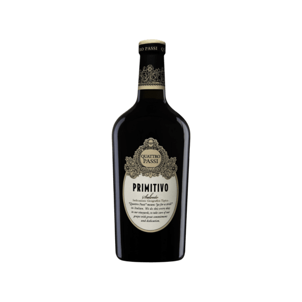Quattro Passi Primitivo Salento red wine bottle with ornate cream and black label