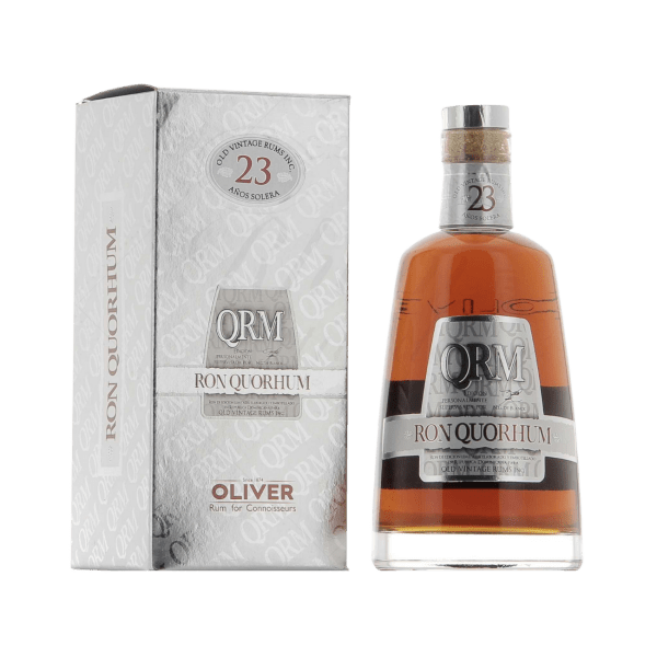 QRM Ron Quorhum 23-year aged rum bottle and gift box, premium rum packaging