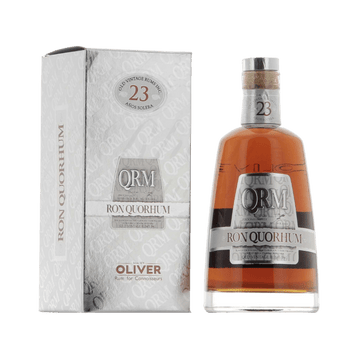 QRM Ron Quorhum 23-year aged rum bottle and gift box, premium rum packaging