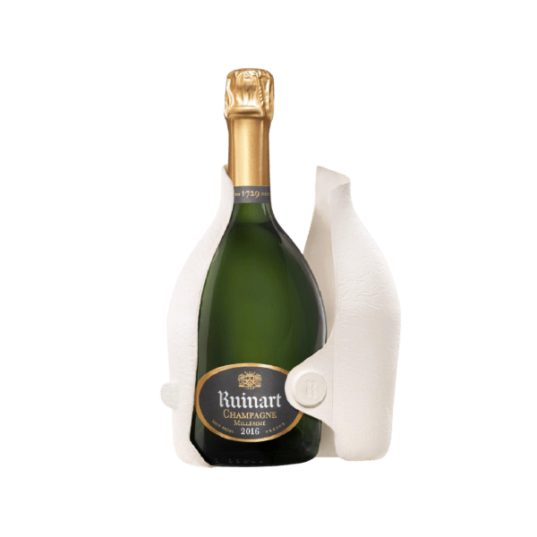 Ruinart 2016 Champagne bottle with distinctive white protective packaging