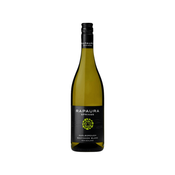 Rapaura Springs Marlborough Sauvignon Blanc wine bottle from New Zealand with black label and green emblem