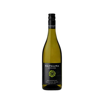 Rapaura Springs Marlborough Sauvignon Blanc wine bottle from New Zealand with black label and green emblem