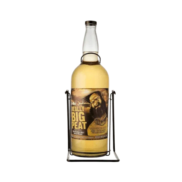 Large bottle of Really Big Peat blended Scotch whisky with illustrated label on a stand