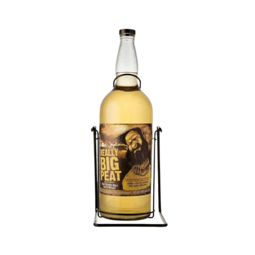 Large bottle of Really Big Peat blended Scotch whisky with illustrated label on a stand
