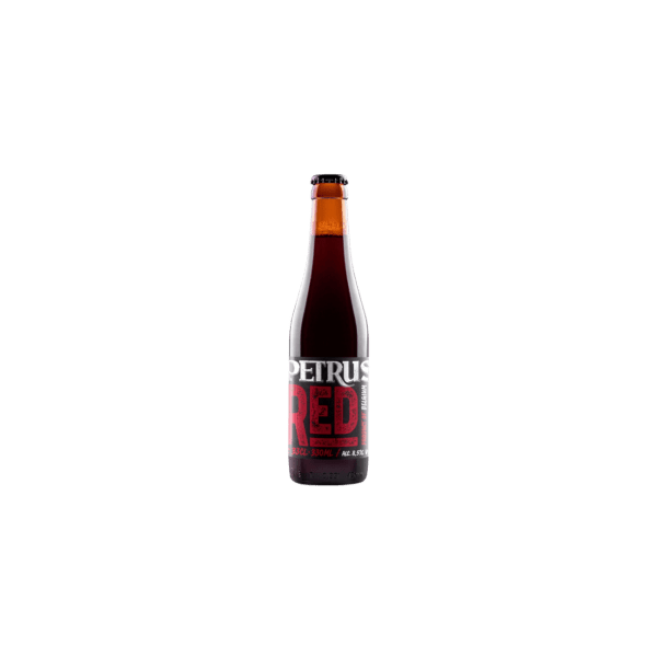 Petrus Red Belgian beer bottle 330ml with red and white label on a transparent background