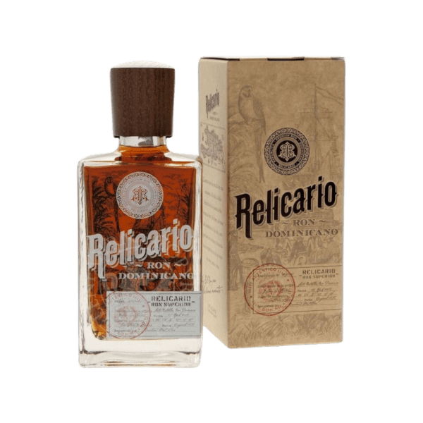 Relicario Ron Dominicano premium rum bottle with matching branded box