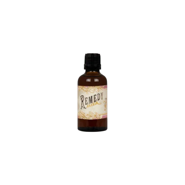 Remedy bitters bottle with vintage label on green background, premium beverage ingredient