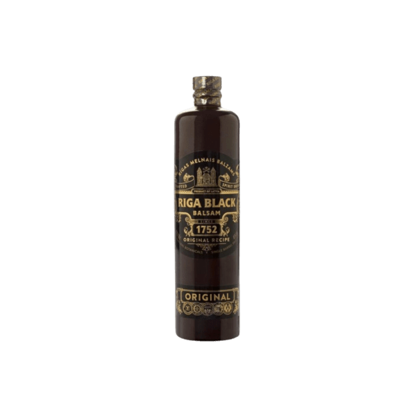 Bottle of Riga Black Balsam original recipe herbal liqueur with vintage gold label