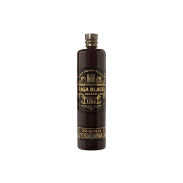 Bottle of Riga Black Balsam original recipe herbal liqueur with vintage gold label