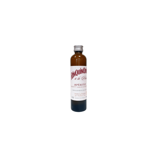 Small bottle of Rinquinquin apéritif with a silver cap on a plain background