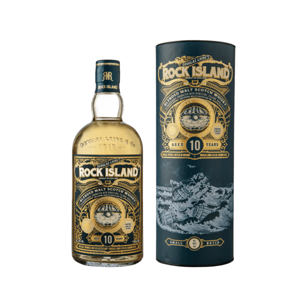Rock Island 10 Year Old blended malt Scotch whisky bottle with decorative box