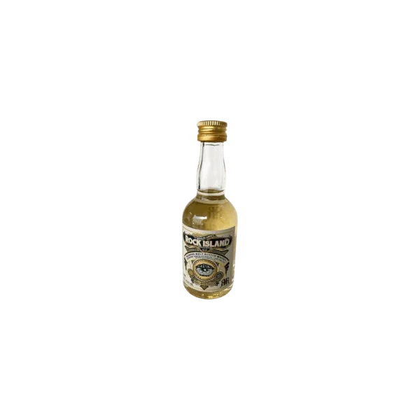 Rock Island whisky mini bottle with gold cap on plain background