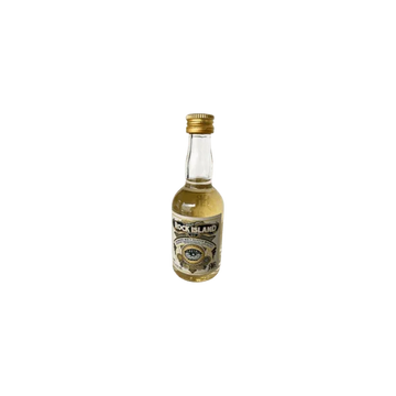 Rock Island whisky mini bottle with gold cap on plain background