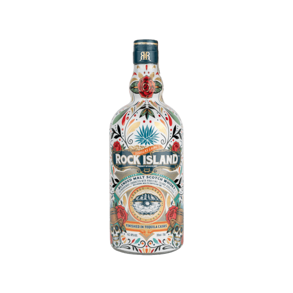 Rock Island blended malt Scotch whisky bottle with colorful floral and skull design, finished in tequila casks