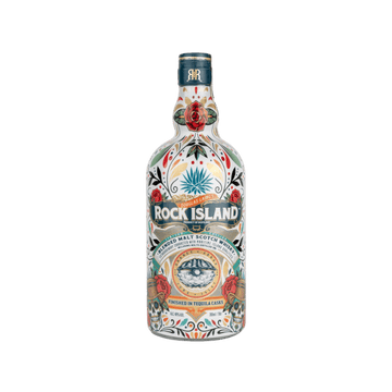 Rock Island blended malt Scotch whisky bottle with colorful floral and skull design, finished in tequila casks