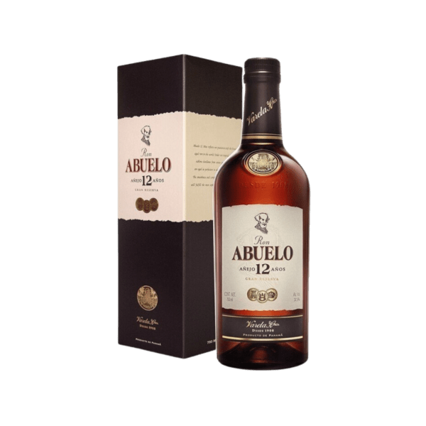 Ron Abuelo 12 Años rum bottle with original packaging, premium aged spirit